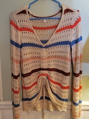 Maurices Womens Size Small Beige Open-Knit V-Neck Sweater